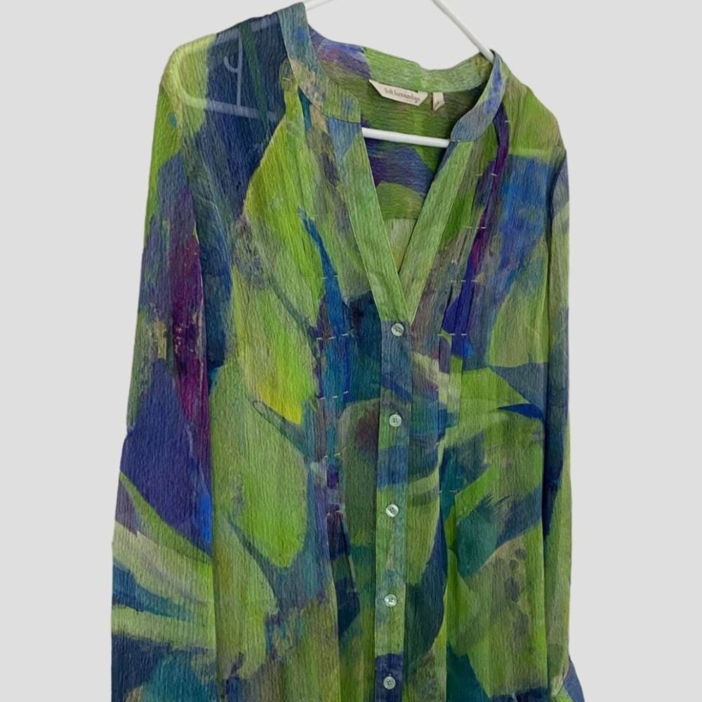 Soft Surroundings Tunic Camisole Set Green Blue Women's Medium Blouse Button Up